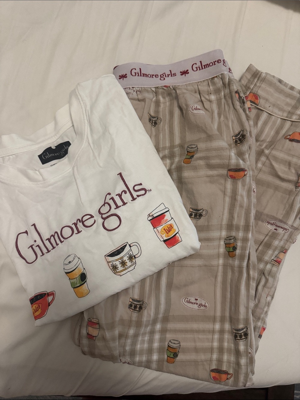 Women's Beige & White Coffee Pajama Set